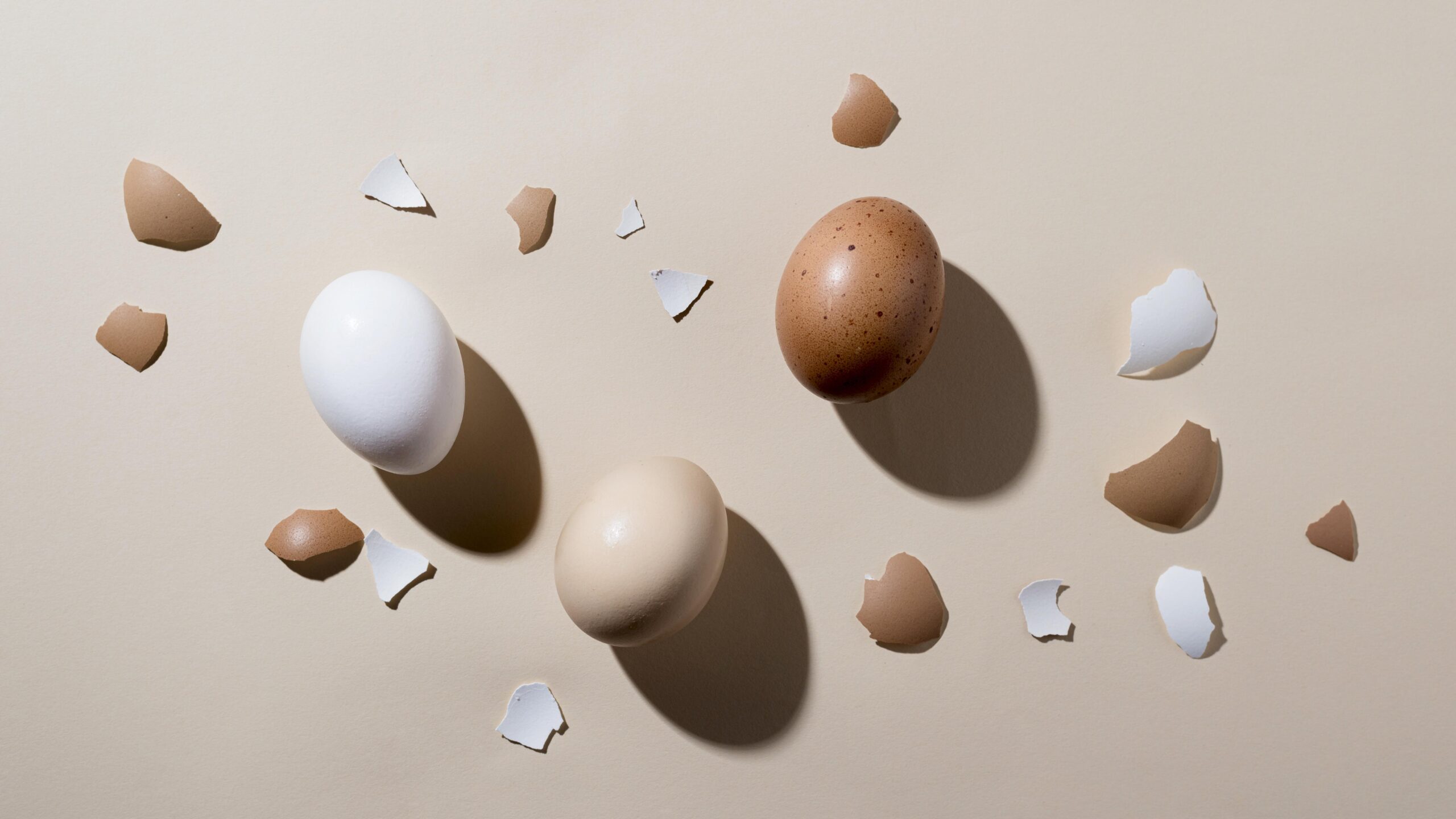 Studio shot of two brown eggs casting shadows on a light blue background.